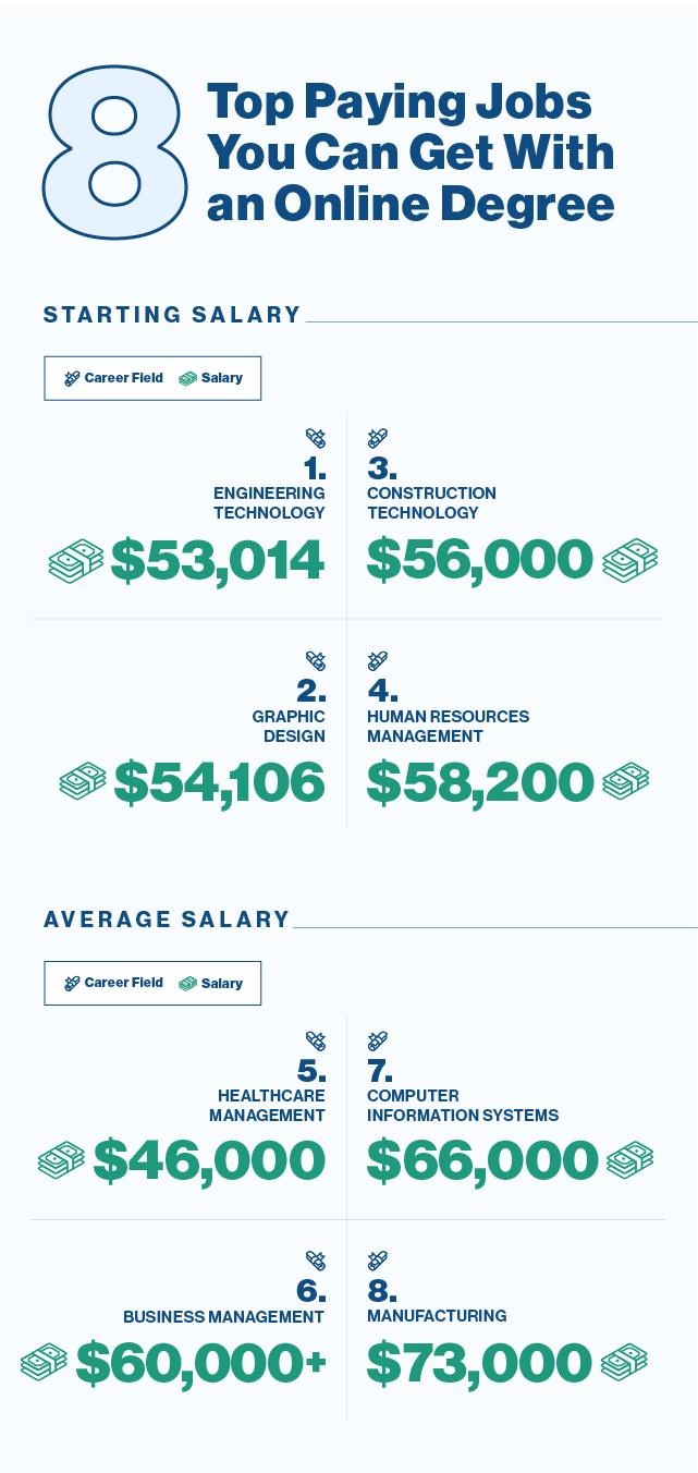 A list of eight jobs you can get online, with their entry level salaries or average salaries.