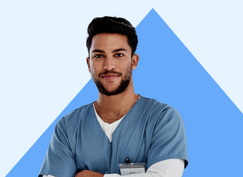 Man in blue scrubs on blue background.