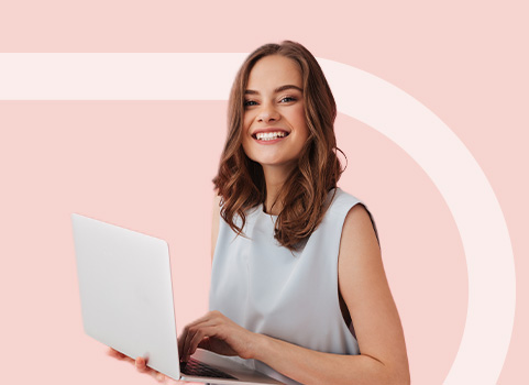 Woman in sleeveless shirt holding laptop.