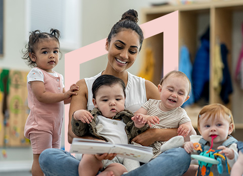 Woman reading to four young children.