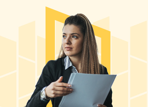 A woman with medium skintone and hair pulled back wears a suit and holds papers